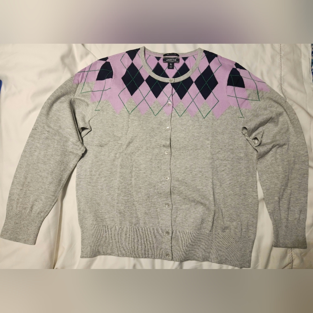 Lands' End Women's Supima Cotton Long Sleeve Cardigan Gray Heather Argyle XL NIP - Picture 2 of 5